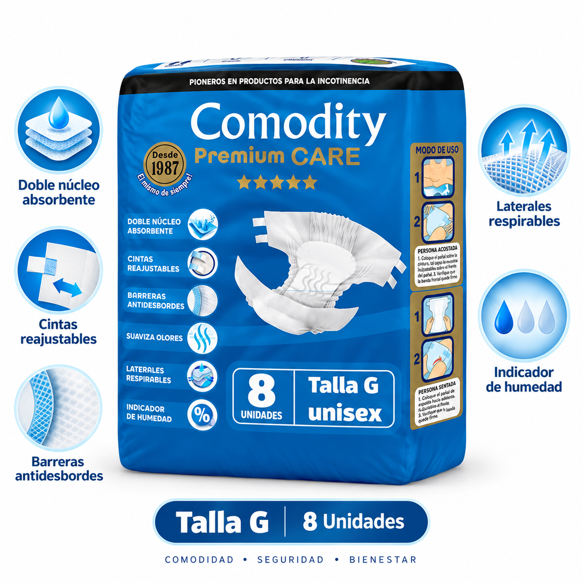 Características Pañal Comodity Premium Care talla G 8 unidades